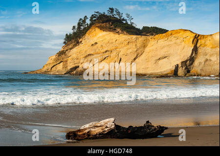 A piece of driftwood rests at the Cape Kiwanda Beach in the Pacific City region of Oregon, ON, USA. Stock Photo