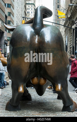 Back view of Wall Street bronze charging bull sculpture, Manhattan, New York City, NY, USA. Stock Photo