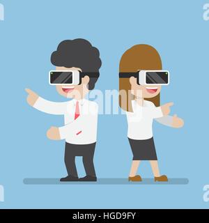 Businessman and woman playing with vr glasses, business and virtual reality technology concept Stock Vector
