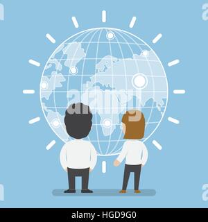 Businessman and woman standing in front of digital world, communication and technology concept Stock Vector