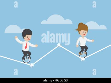 Businessman riding a unicycle and trying to balance on a graph, investment risk concept Stock Vector