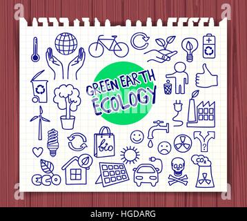 Green Earth Ecology doodle set. Hand drawn graphic elements hands holding planet Earth, energy saving light bulb, solar panel, factory air pollution,  Stock Vector