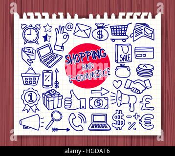 Doodle Shopping and E-commerce icons set. Hand drawn symbols. Graphic elements for web sites, corporate printables, educational posters, infogrpahics. Stock Vector