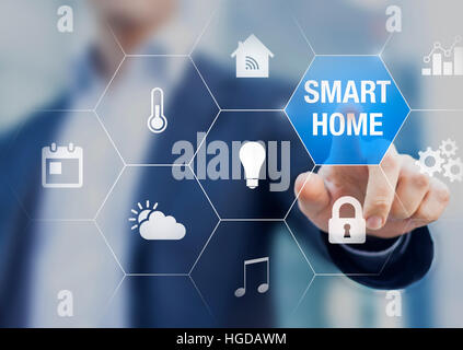 Smart home automation concept with icons showing the functionalities of this new technology and a person touching a button Stock Photo