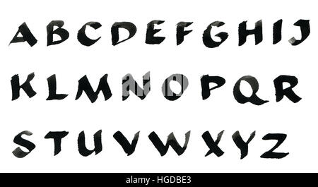 Hand drawn Latin alphabet, set of textured black capital letters, isolated on white background. Raster graphic illustration. Stock Photo