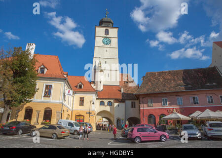 Romania, Sibiu City, Sfatului Tower, Mica Square Stock Photo
