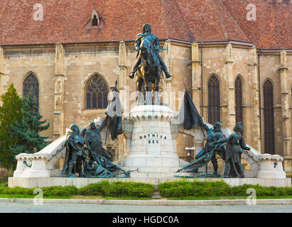 Romania, Transylvania, Cluj Napoca City, Mathia Rex Monument, St. Michael's Church, Unirii Square Stock Photo