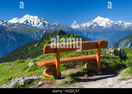 Swiss Alps, bench, seat, with Mischabel, Matterhorn, Weisshorn, Valais, Switzerland Stock Photo