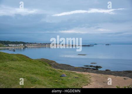 UK, Scotland, East Lothian, North Berwick, tent along seashore Stock Photo