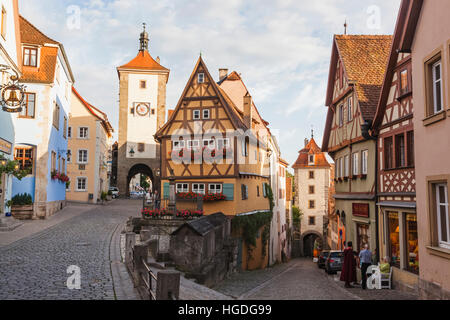 Germany, Bavaria, Romantic Road, Rothenburg-ob-der-Tauber, Ploenlein and Siebers Tower Stock Photo