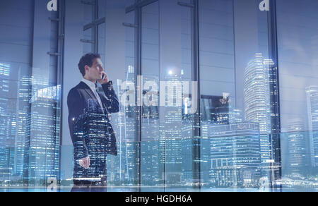 business communication concept, career opportunity, businessman calling by phone, double exposure Stock Photo