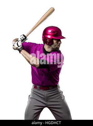 Baseball Player with a pink uniform on a white background. Stock Photo