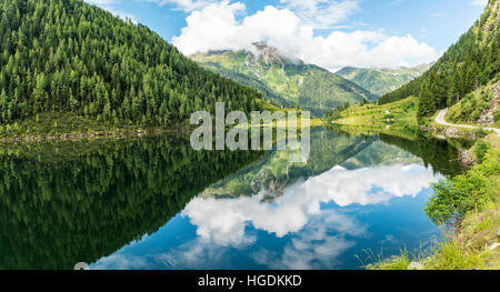 Forest and mountains, reflection in Lake Riesachsee, Rohrmoos-Untertal, Schladming Tauern, Schladming, Styria, Austria Stock Photo