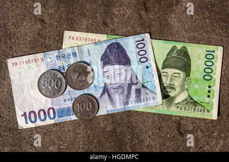 Currency of South Korean won banknotes and coins in different value ...