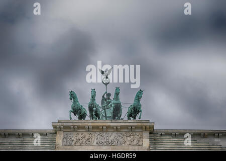 A detail of horses on the top of Brandenburg gate in Berlin Stock Photo