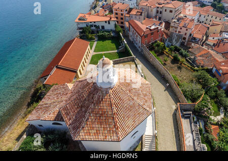 Aerial panorama view at central part of Piran town in southwestern Slovenia Stock Photo