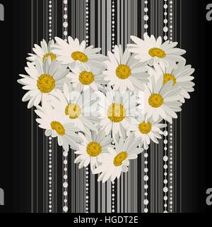 White daisies in the shape of a heart on dark background with stripes and pearls. Stock Vector