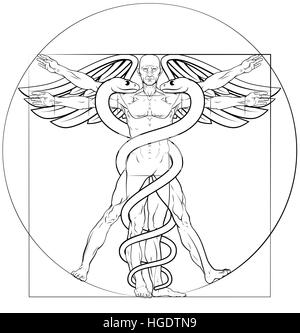 Caduceus medical symbol Vitruvian man concept with figure like Leonard Da Vinci anatomy drawing Stock Photo
