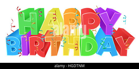 A Happy Birthday bright color word text sign with confetti streamers Stock Photo