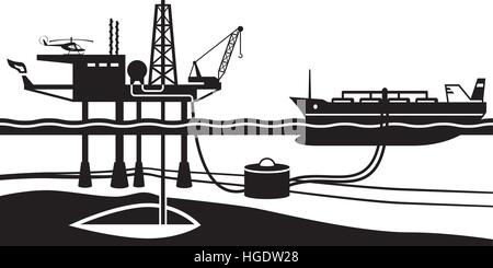 Tanker loading petrol from offshore oil rig - vector illustration Stock Vector
