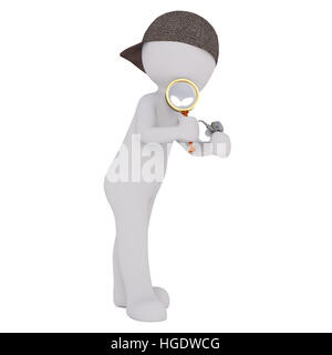 3d Rendering of Cartoon Figure Wearing Cap and Holding Pipe and Magnifying Glass in front of White Background with Copy Space Stock Photo