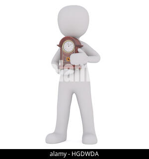 3d Rendering of Cartoon Figure Holding Antique Clock While Standing in front of White Background with Copy Space Stock Photo