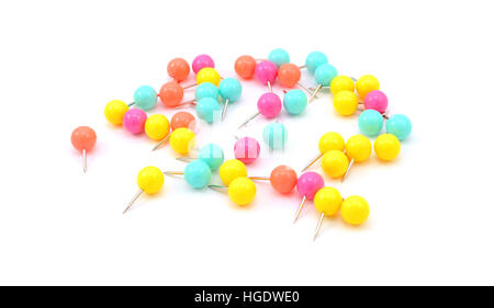 Neon coloured push pins - yellow, orange, pink and turquoise -  isolated on a white background Stock Photo