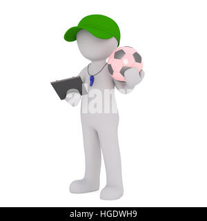 3D rendered cartoon soccer coach stands with green cap and holds a ball in one hand and a clipboard in the other Stock Photo