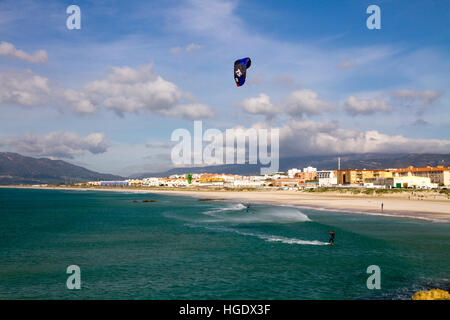 Kitesurfing ocean wave sea Tarifa, Cadiz Province, Costa de la Luz, Andalusia, southern Spain. Stock Photo