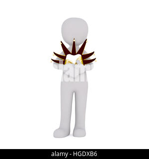 3d Rendering of Cartoon Figure Holding Jester Mask While Standing in front of White Background Stock Photo