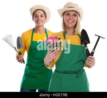 Gardener gardner team flower gardening garden tools occupation job isolated on a white background Stock Photo