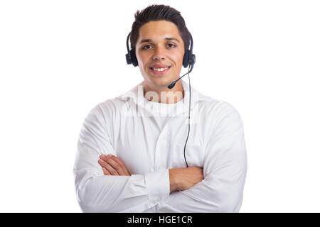Man headset telephone phone call center agent portrait business isolated on a white background Stock Photo