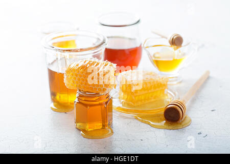 Various types of honey and honeycomb Stock Photo