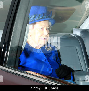 Sandringham, Norfolk, UK. 08th Jan, 2017. HM Queen Elizabeth II attending Church at Sandringham . Sandringham, Norfolk, UK . 08.01.2017 HM Queen Elizabeth II arrives for church. HM Queen Elizabeth II was finally seen for the first time this year, as she joined other members of the royal family as they attended the St. Mary Magdalene Church Sunday morning service in Sandringham. HM Queen Elizabeth II was unable to attend both the Christmas Day and New Yewars Day services after suffering with a heavy cold. © Paul Marriott Photography. © Paul Marriott/Alamy Live News Stock Photo