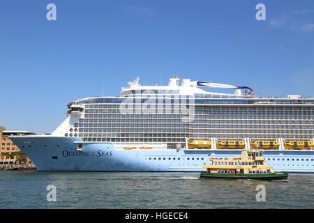 Sydney, Australia. 9 January 2017. The Royal Carribbean operated Ovation of the Seas cruise ship is the largest based in Australia. It will depart on 9 January for a cruise around New Zealand. Pictured here moored at the Overseas Passenger Terminal, The Rocks. Credit: © Richard Milnes/Alamy Live News Stock Photo