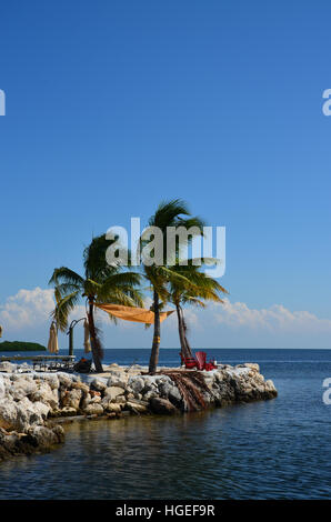 A quiet place to sit and enjoy the ocean in the florida keys. Two charis and a few palm trees complete the scene. Stock Photo