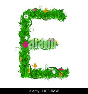 E Green eco letter with leaves and flowers for your design. Flat color style. Spring and summer concept. Vector Illustration Stock Vector