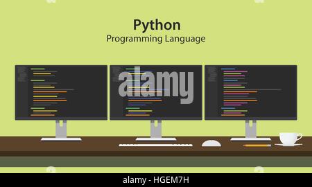 python programming language illustration with program code on three row monitor programmer workspace Stock Vector