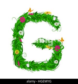 G Green eco letter with leaves and flowers for your design. Flat color style. Spring and summer concept. Vector Illustration Stock Vector