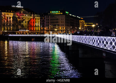 Christmas illuminations in Geneva with reflections on the lake Stock Photo