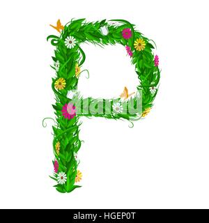 P Green eco letter with leaves and flowers for your design. Flat color style. Spring and summer concept. Vector Illustration Stock Vector