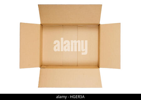 Opened cardboard box isolated on white background. Top view Stock Photo