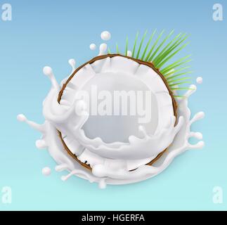 Coconut and milk splash. Fruit and yogurt. Realistic illustration. 3d vector icon Stock Vector