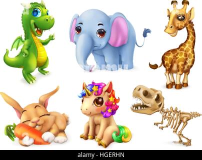 Funny animal set. Happy bunny, rabbit, cute unicorn, small dragon, baby elephant, giraffe, dinosaur. 3d vector icon Stock Vector