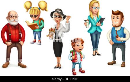 Funny people. Family. Father, mother, grandmother, grandfather, son, daughter. 3d vector icon set Stock Vector