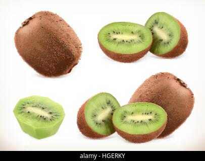 Kiwi fruit. Whole and pieces. Sweet fruit. 3d vector icons set. Realistic illustration Stock Vector