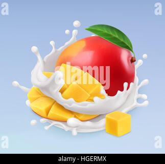 Mango and milk splash. Fruit and yogurt. Realistic illustration. 3d vector icon Stock Vector