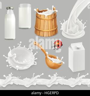 Milk. Bottle, glass, spoon, bucket. Drops seamless pattern. Natural dairy products. 3d vector object set Stock Vector