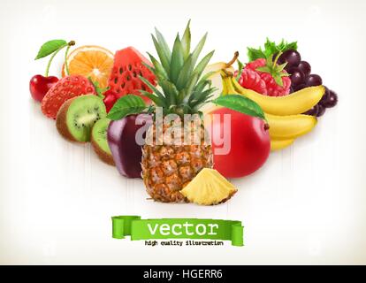 Pineapple and juicy fruits, vector illustration isolated on white Stock Vector