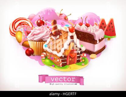 Sweet shop. Pink. Confectionery and desserts, cake, cupcake, candy. 3d vector illustration Stock Vector